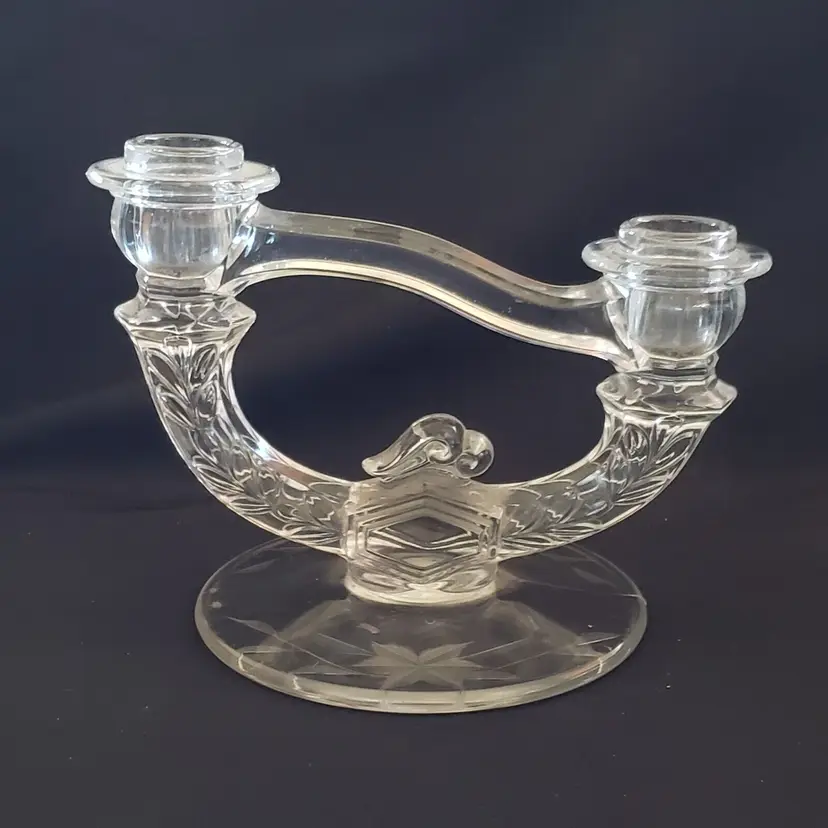 Indiana Glass Double Candlestick w/ etched base design 7 1/4" x 5 3/8" tall Vintage