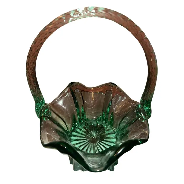 Fenton Glass Sea Mist Green Vulcan Basket Twisted Handle 8.25”-8.5” X 6.5D