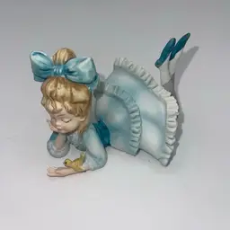 14-Lefton China Porcelain Blue Bisque Girl with Yellow Bird KW 3757 Vintage