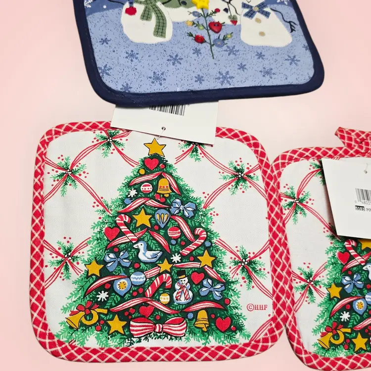 Vintage Set Of 3 Christmas Pot Holders Christmas Tree And Snowmen NOS