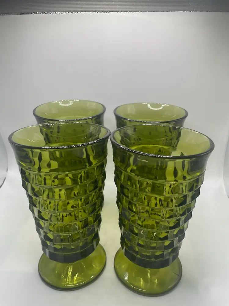 Vintage Indiana Glass Colony Avocado Green Cubist 6” Iced Tea Glasses