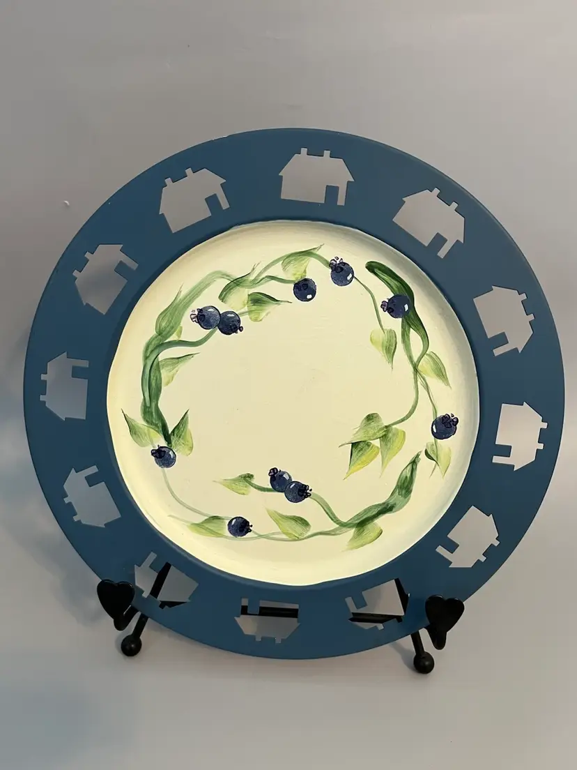 Vintage Metal Plate Hand Painted Blueberry Design And Articulated-Signed Lenny’s Studio