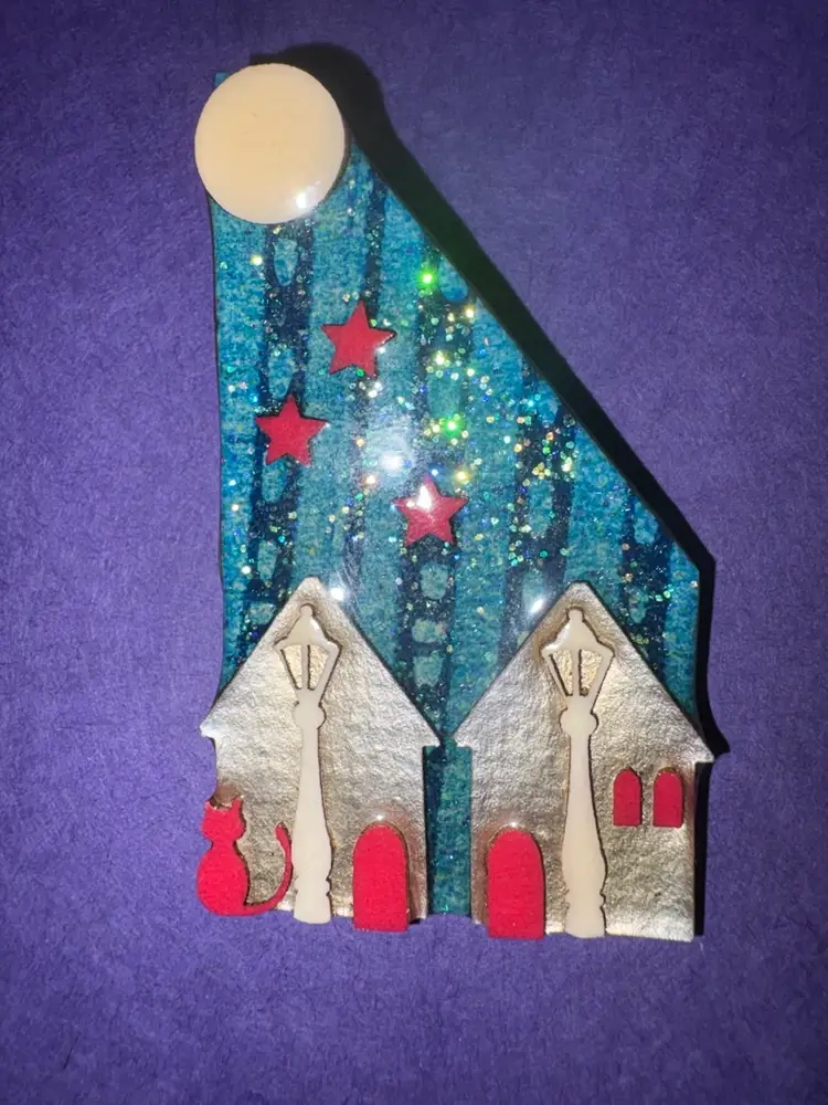 Lucinda House Pin - Teal Glittery Background With Red Stars ~ Silver Twin Houses With Lamp Posts And Red Accents ~ And A Fabulous Red Cat!