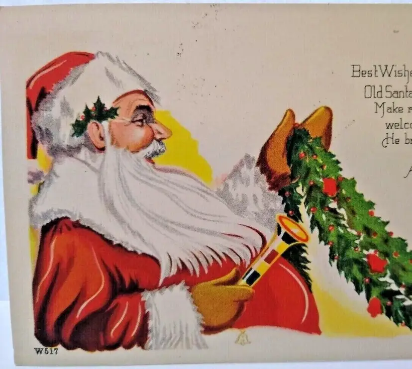 Santa Claus Holding Horn & Tree Garland Christmas Postcard Series W317 Vintage