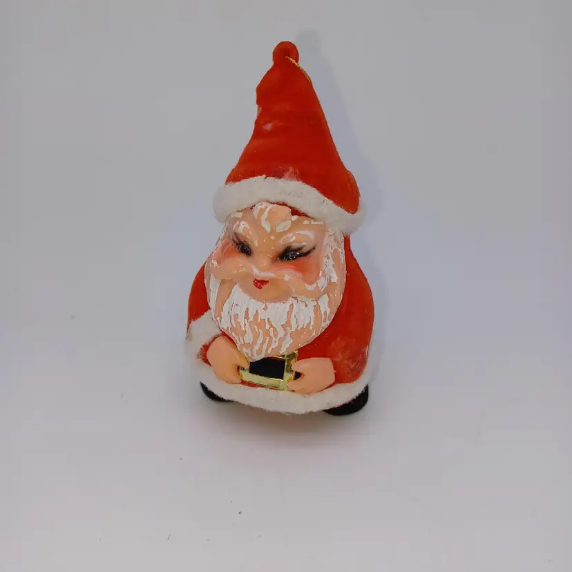 Vintage Flocked Santa celluloid face 4 inch tall Japan ornament