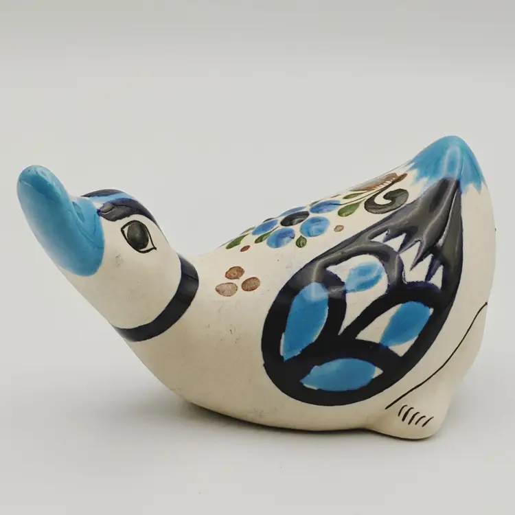 Vtg Tonala Talavera Mexican Pottery Folk Art Hand Painted Bright Blues Duck Bird