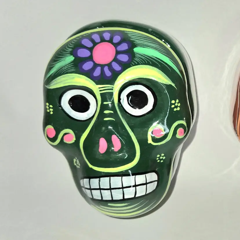 39  Talavera Dios de los Muertos Halloween Skull Trinket Boxes Redware Handpainted Mexico Pair GLOWS