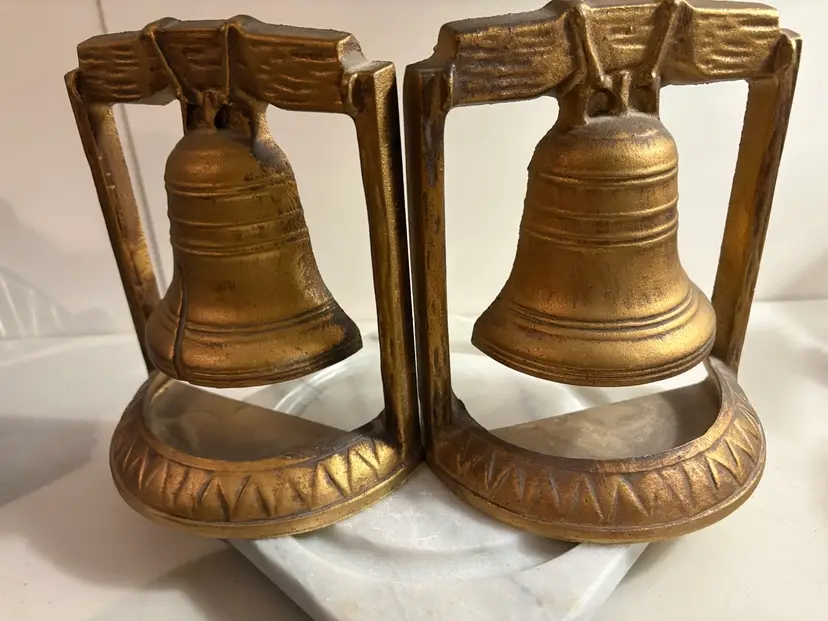 Vintage Cast Metal Liberty Bell Bookends Pair 6" Tall Door Stop Felt Bottom