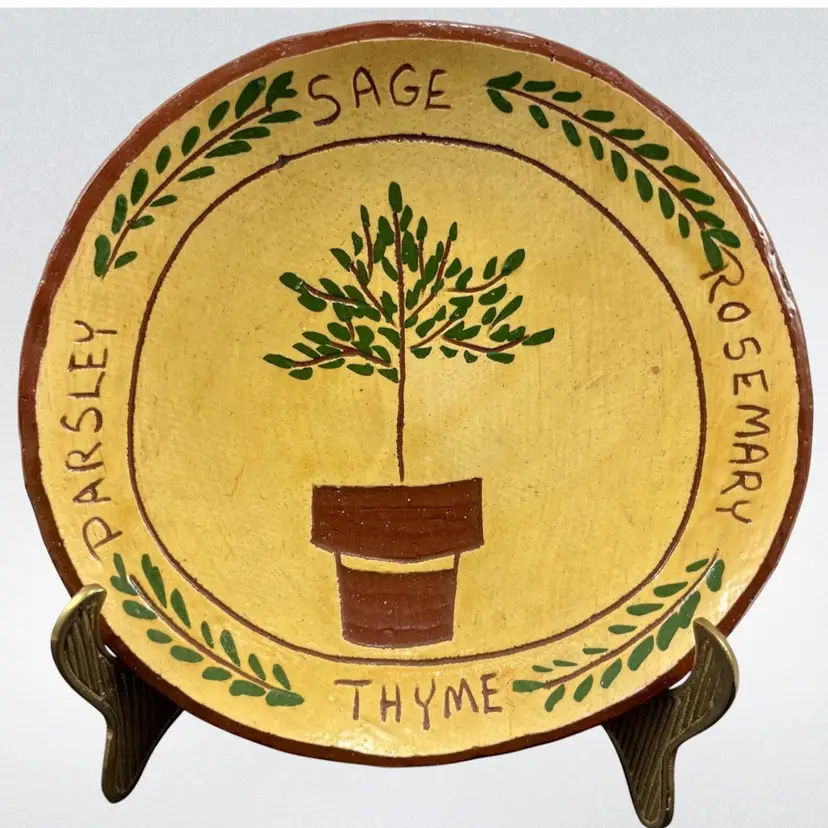Pam Armbrust Red Oaks Pottery Herb Motif Dish, Folk Art Redware Pottery Dish, American Historical Sgraffito Earthernware