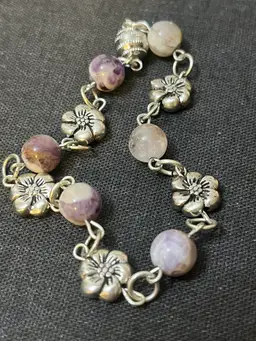 Amethyst Floral Silver-tone Bracelet With Magnetic Clasp 8.5”