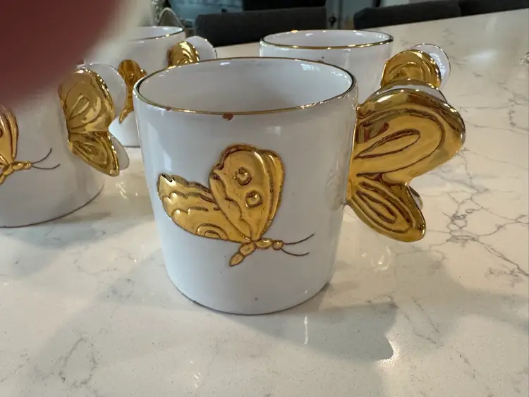 Italian Ceramic Mugs With Gold Butterfly Detail