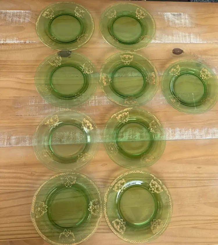 9 Vintage Uranium Glass Green Salad Dessert Plates 8" Gold Design (See Photos)