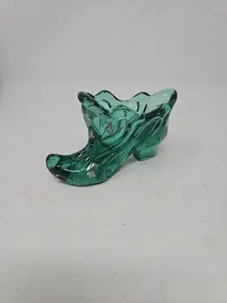 Fenton Art Glass Hand Painted with Flowers Green  Slipper Shoe Signed W. Wiblin
