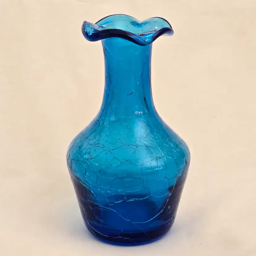 Crackle Glass Blue Vase Fluted and Ruffled Top 4½” Tall × 2½" Diameter Unbranded