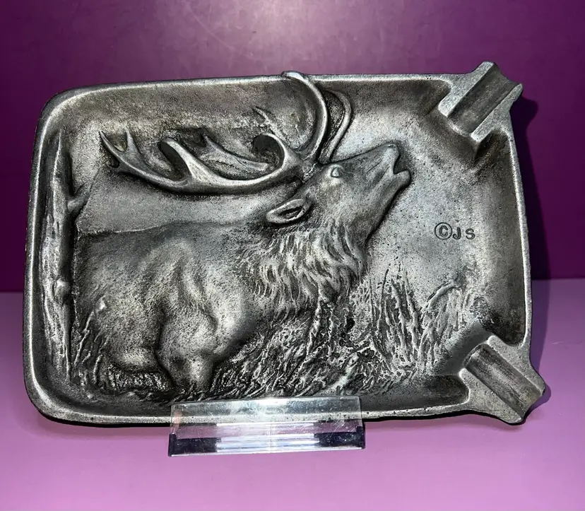 Vintage Raised Relief Elk Metal Ashtray Lodge Cabin Signed Copyright ©️ JS