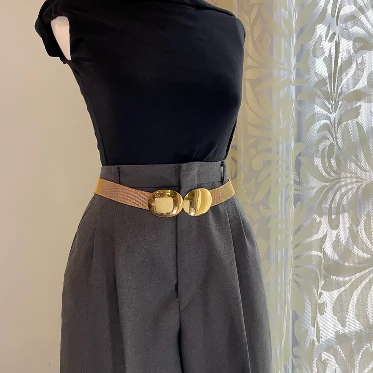 Mesh Chain Mail Waist Dress Belt Gold Tone Metal Double Buckle Statement 28-29"