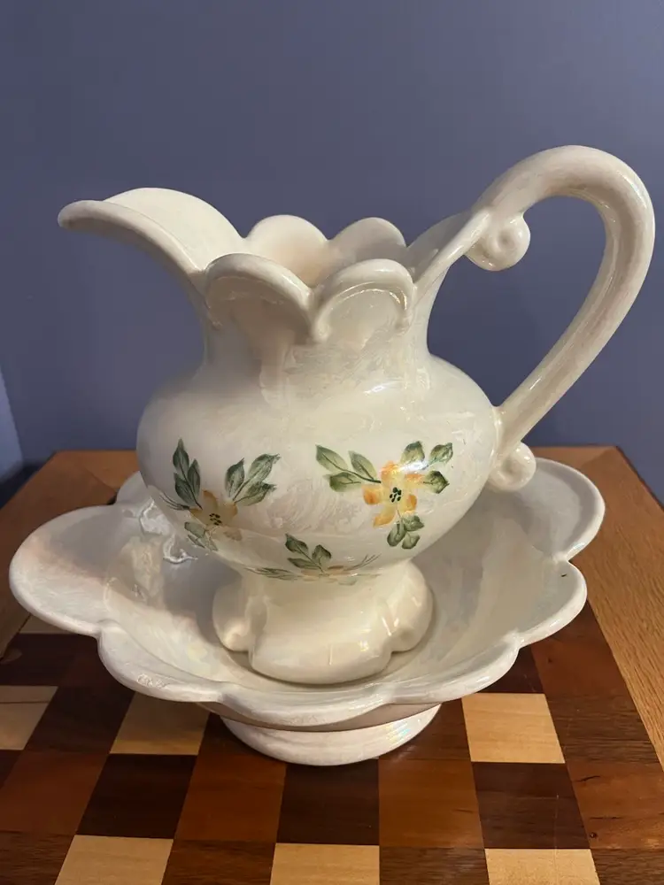 Vintage Ceramic Pitcher and Basin Bowl Ivory Multicolor Floral Scalloped