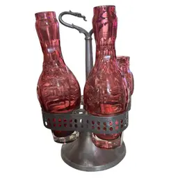 Antique Victorian Cranberry Cut To Clear Cruet Set