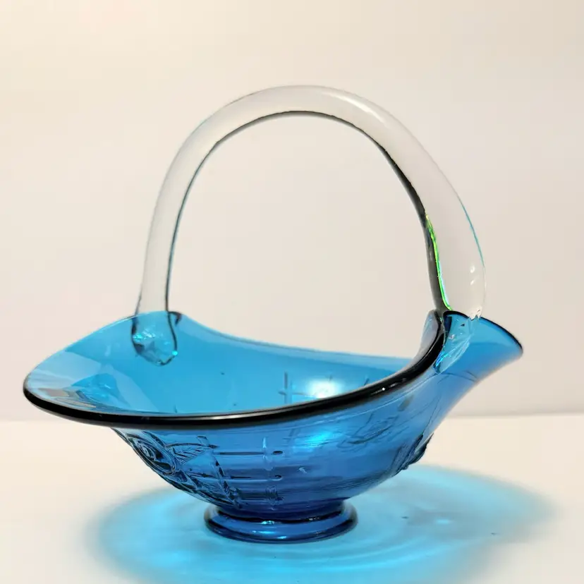 Vintage Hand Crafted Blue Glass Basket With Clear Handle, Rose & Lattice Design