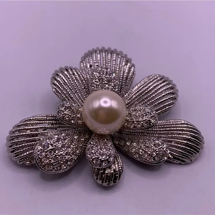 Rhinestone & Pearl Brooch 2 1/2” Wide