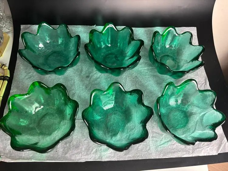 Blenko Glass Lotus Bowls, Sea Green, Set of 6 MCM Bowls