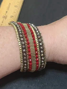 Red And Metal Beaded Bracelet 7”
