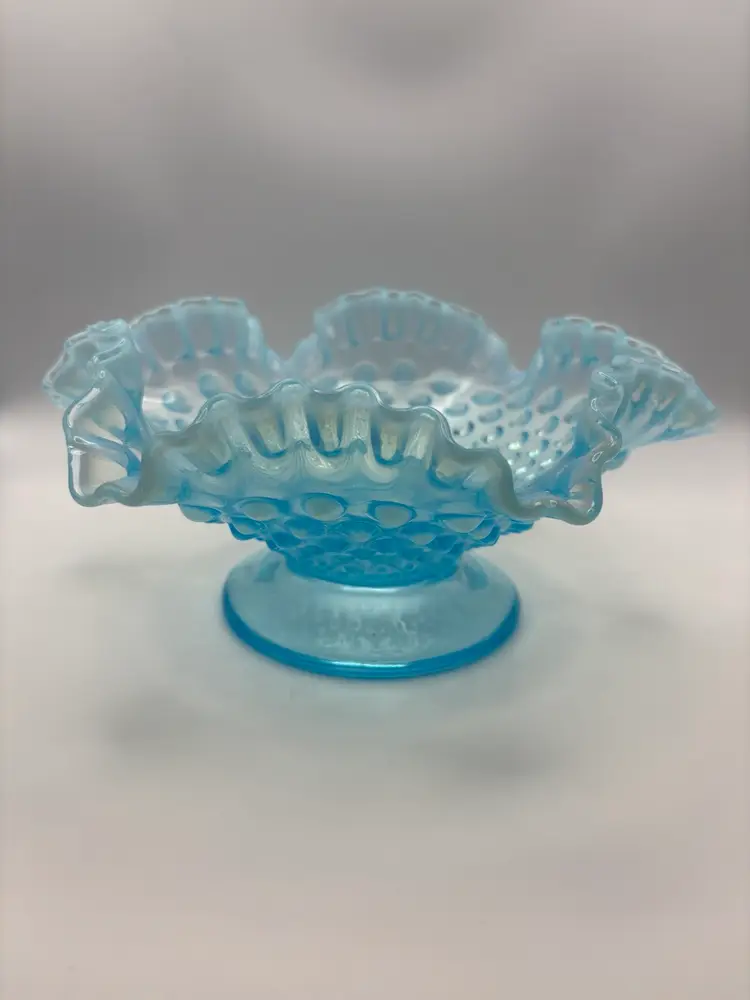 Blue Opalescent Ruffle Hobnail Bowl By Fenton