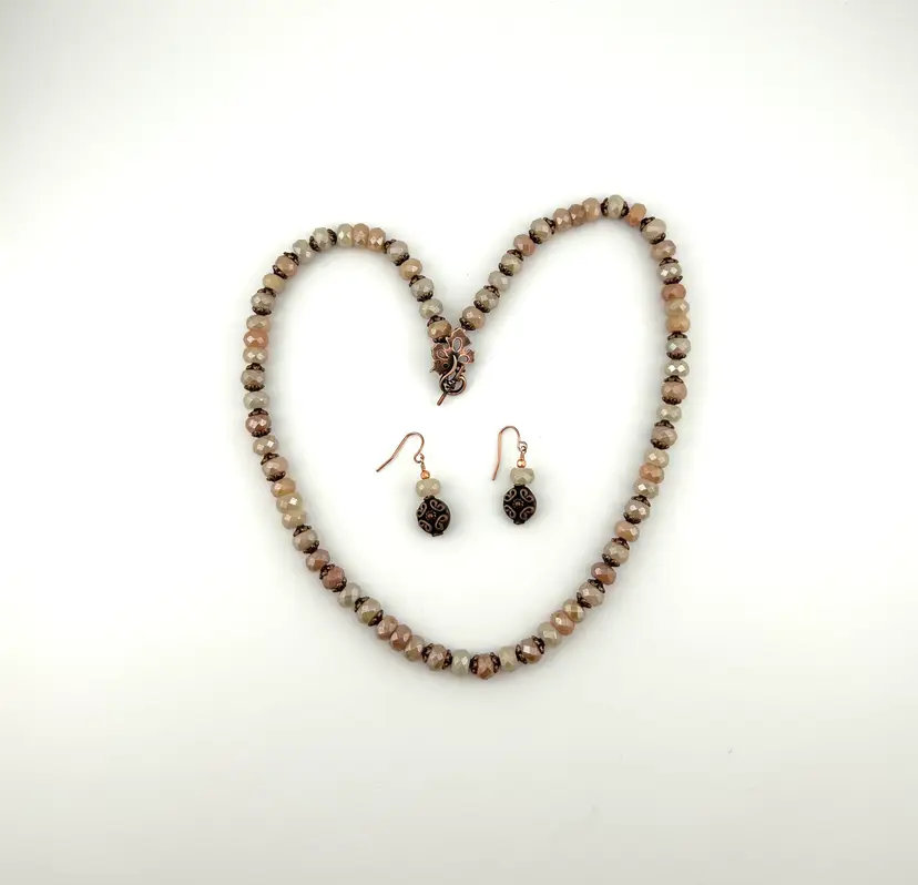 Faceted Sunstone and Copper Beaded Necklace and Pierced Earring Set