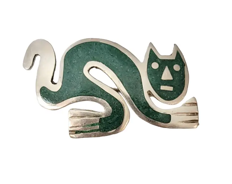 TJN Sterling Silver 950 Crushed Turquoise Inlay Cat Brooch Pin Pendant, Signed