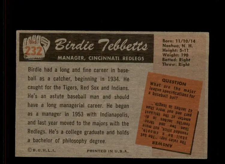 1955 Bowman #232 Birdie Tebbetts - (pk-tl3) - Cincinnati Redlegs