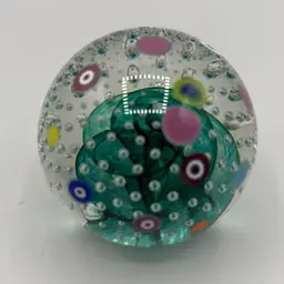 50% off was $56 Glass Eye Studio 2000 Green Swirl Controlled Bubble Surface Dots Paperweight