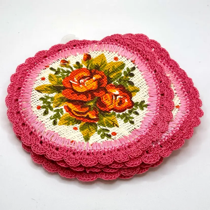 Vintage Pink Floral Round Coaster Set Of 6 5.5”