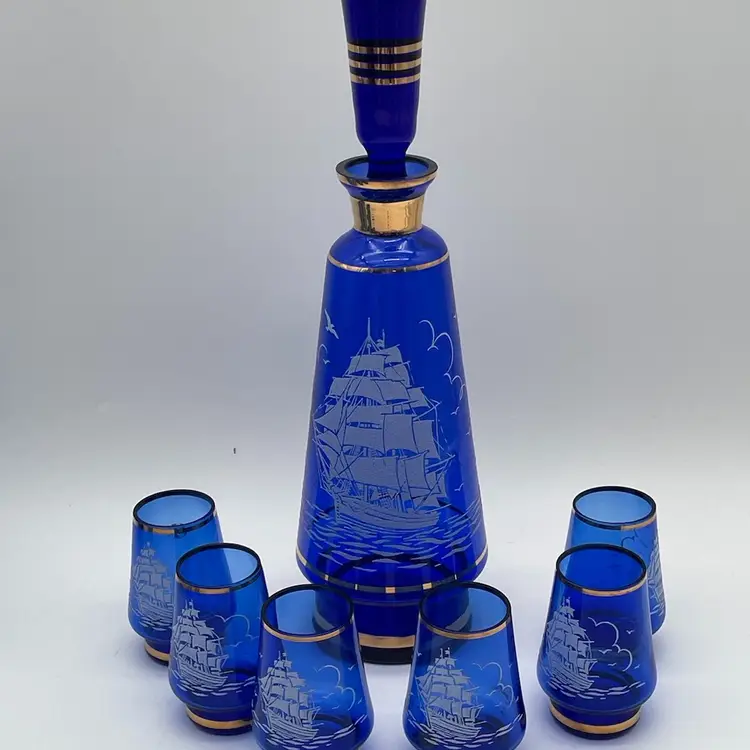 Vintage Cobalt Blue Nautical Decanter With 6 Small Glasses