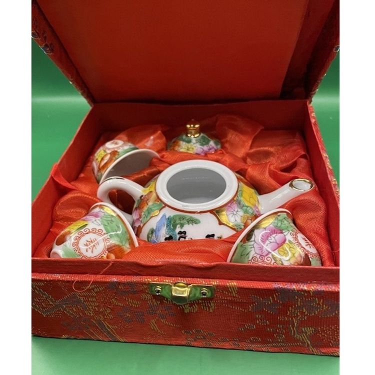 Miniature Chinese Tea Set in Silk Box 6 items 1970's