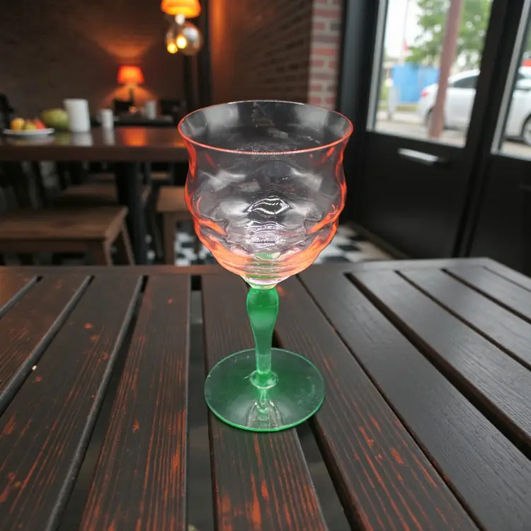 Pink & Green Art Glass Hand Blown Goblet 6 3/4” Tall