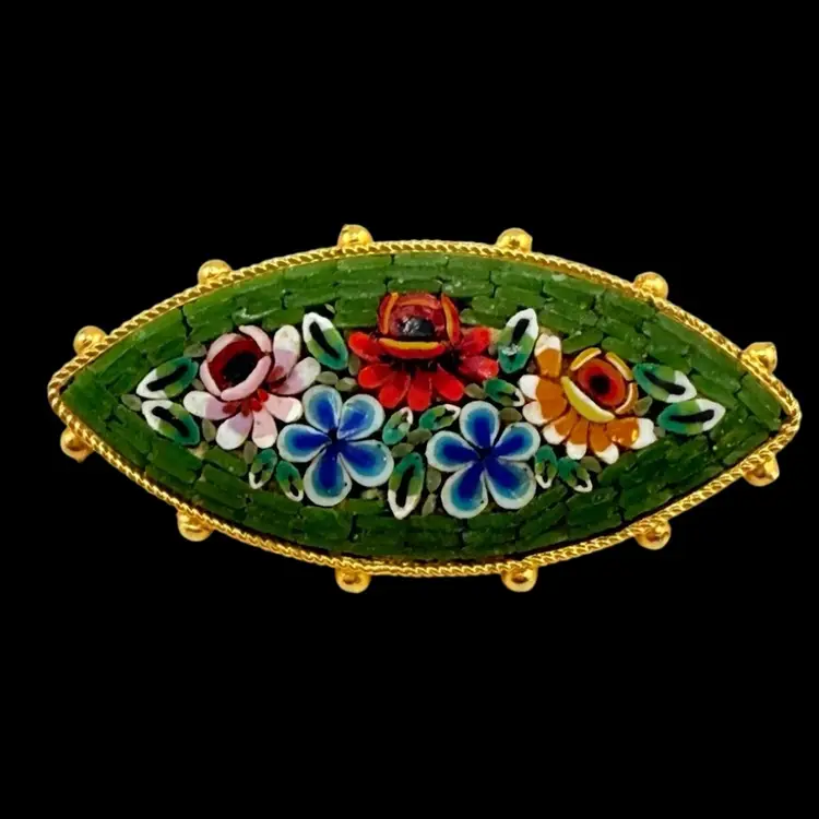 Cat Eye Green Boarder Multicolor Flower Floral Garden Golden Balls Brooch Italy