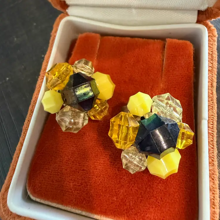 Vintage W Germany Yellow Cluster Earrings Clip Ons