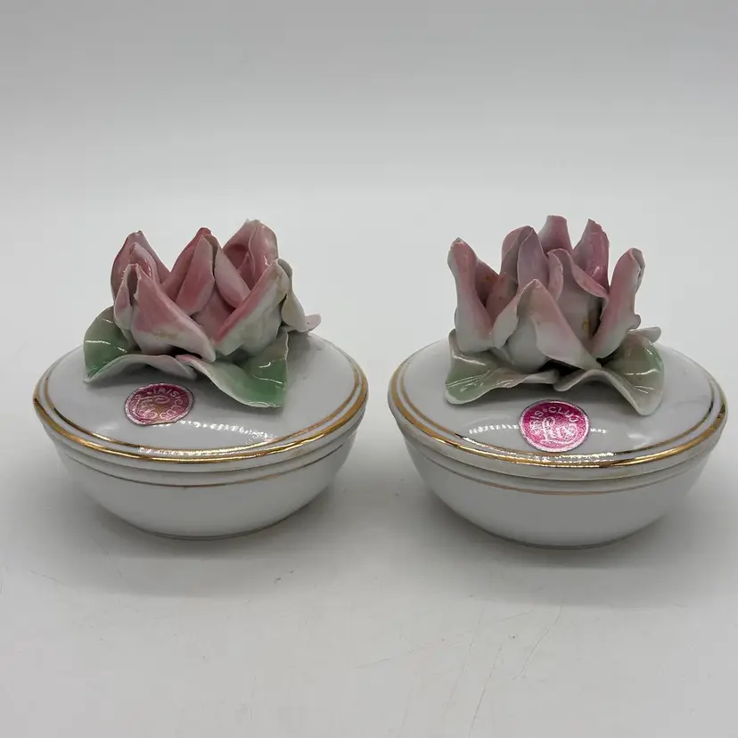 Iris Cluj Lux Romania Porcelain Pair Of Trinket Boxes Capodimonte Pink Flowers
