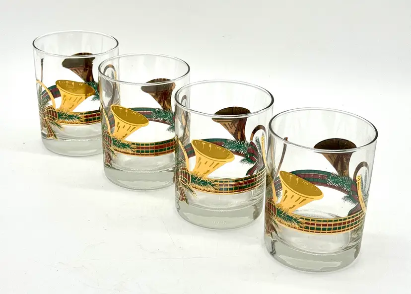 Glasses (A) Vintage Culver Yule Horn Christmas 22kt Gold Double Old Fashion Tumblers - 14 oz - Set of 4 In Box