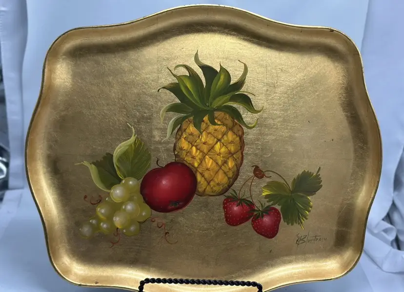 Vintage Gold Leaf Tray Hand Painted & Signed Strawberries Grapes Pineapple Apple