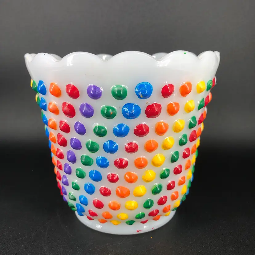 Vintage Fire King Milk Glass Hand-Painted Rainbow Hobnail Vase