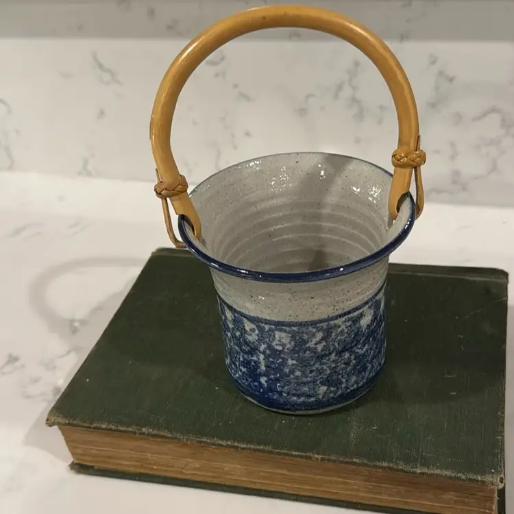 Studio Art Pottery Basket with Bamboo Handle and Blue Glaze