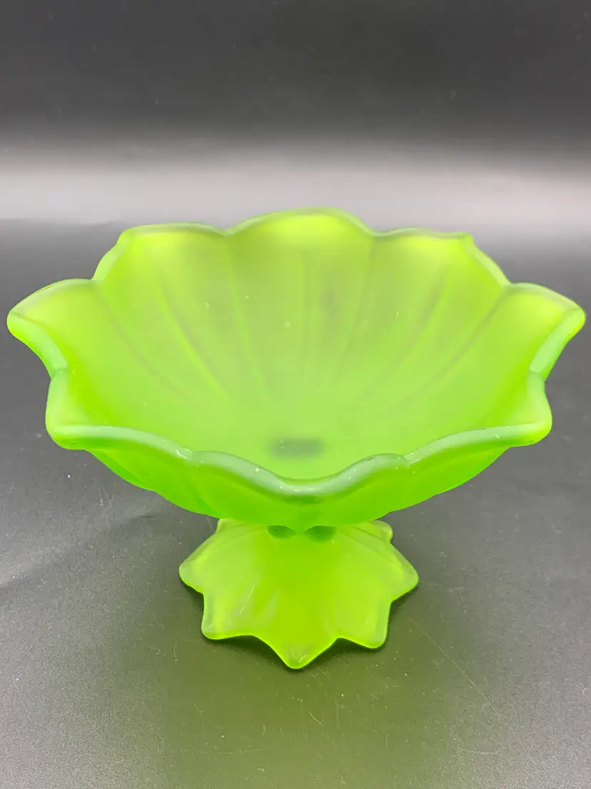 #30 - Vintage Glass Satin Green Stemmed Lotus Dish Westmorland