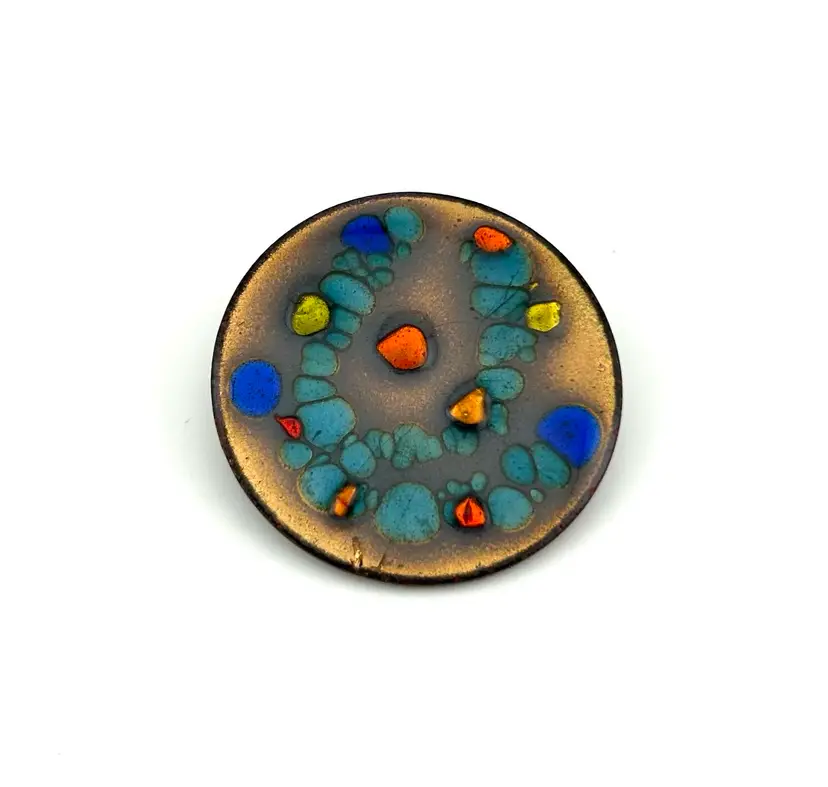 Vintage Enamel On Copper Brooch