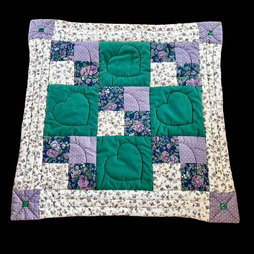 Handmade Quilted Green & Purple Hearts with Button Details Throw Pillow 20”