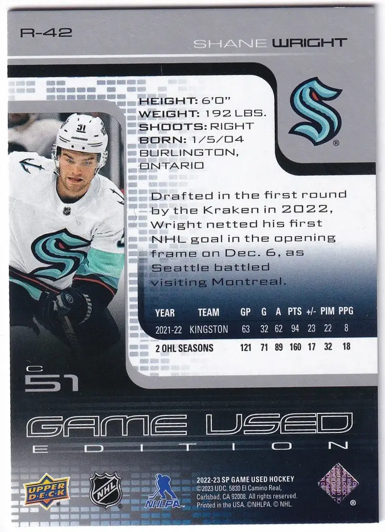 2022-23 SP Game Used '01-02 Retro Rookies #R42 Shane Wright Seattle Kraken Hockey Card