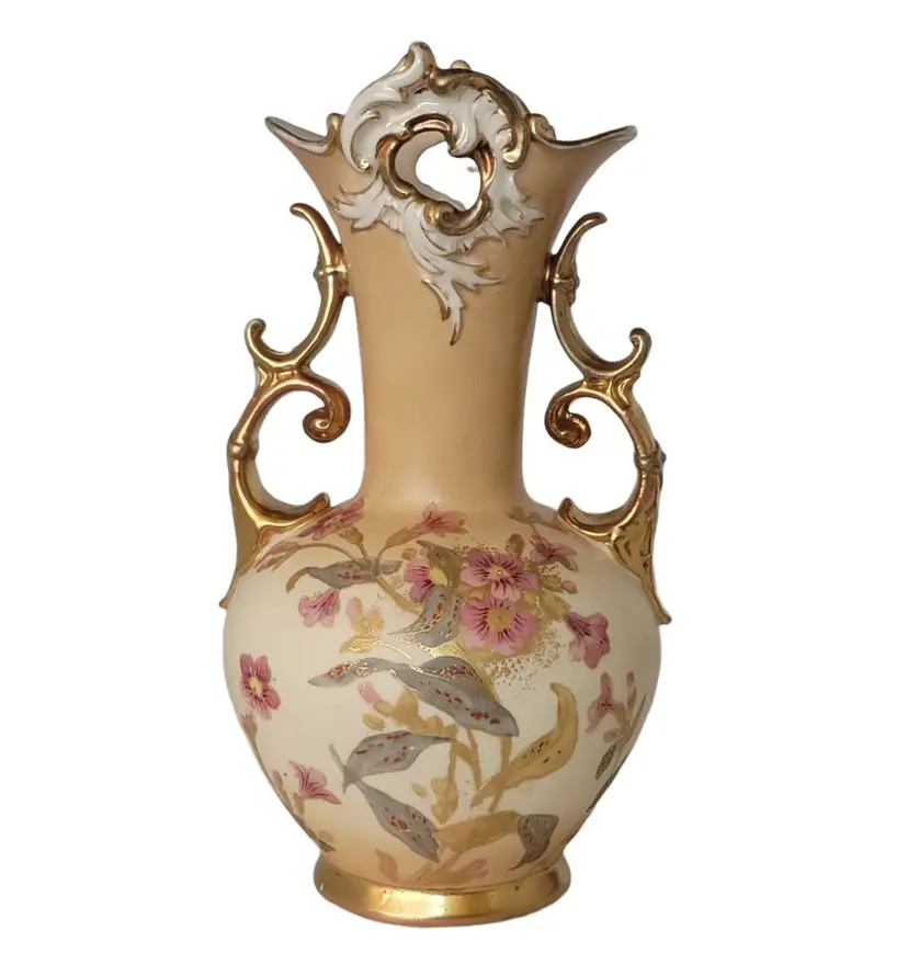 1800S ROBERT HANKE AUSTRIA HAND PAINTED VASE HEAVY GOLD ACCENT 10"X6"