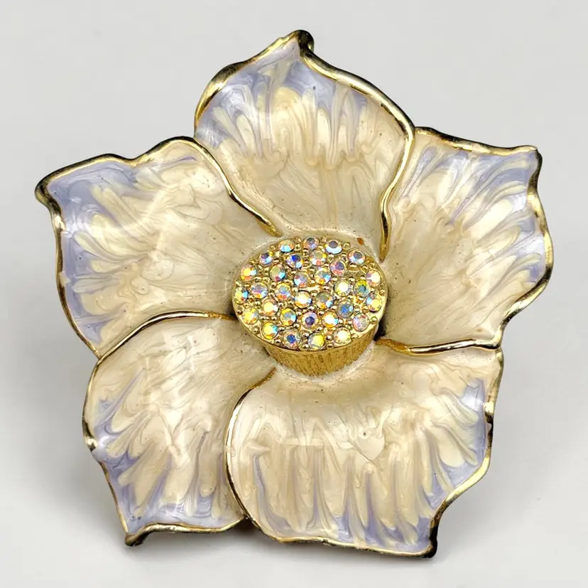 Periwinkle Blue & Ivory Enamel Magnolia Flower Austrian AB Crystal Center Brooch