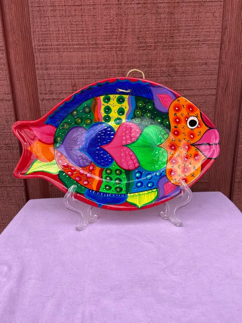Pottery Fish With Heart-shaped Lips and Scales.  Plate Or Hanging Decor. Some Of The Green Paint Glows. 9.75”w.