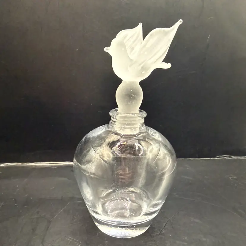 Crystal Polished Bottom Frosted Glass Bird Stopper Perfume Bottle 5.25”